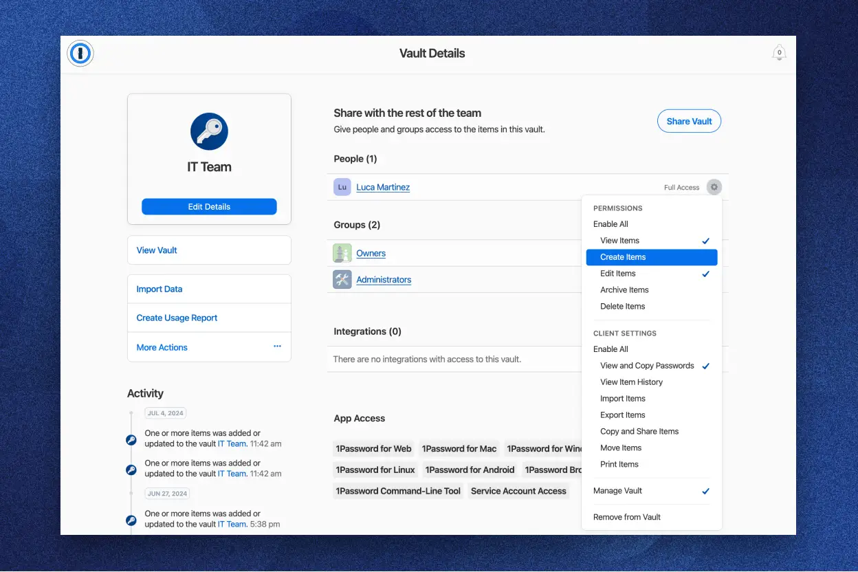 1Password app vault and Watchtower feature